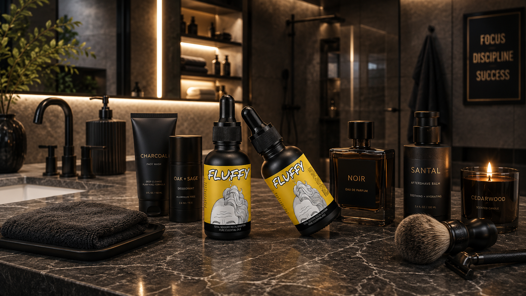 FLUFFY Scalp + Hair Oil on a marble countertop among premium men's grooming products